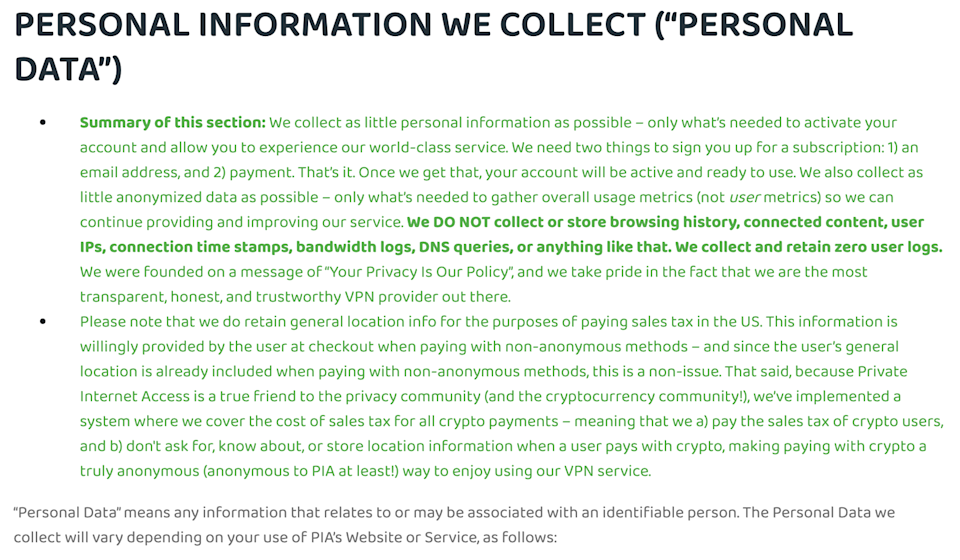 PIA privacy policy