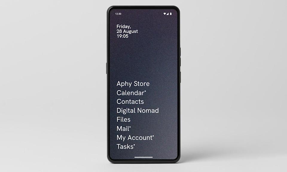 Marketing image of the Punkt MC03 phone. A dark UI shows text shortcuts for common apps and tasks.